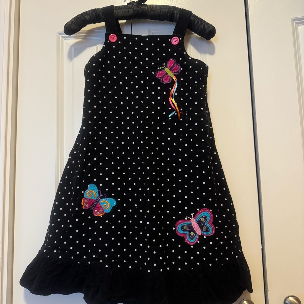 Girls 6X Black Corduroy Polka Dot Butterfly Dress Shoulder Straps Ruffle Hem